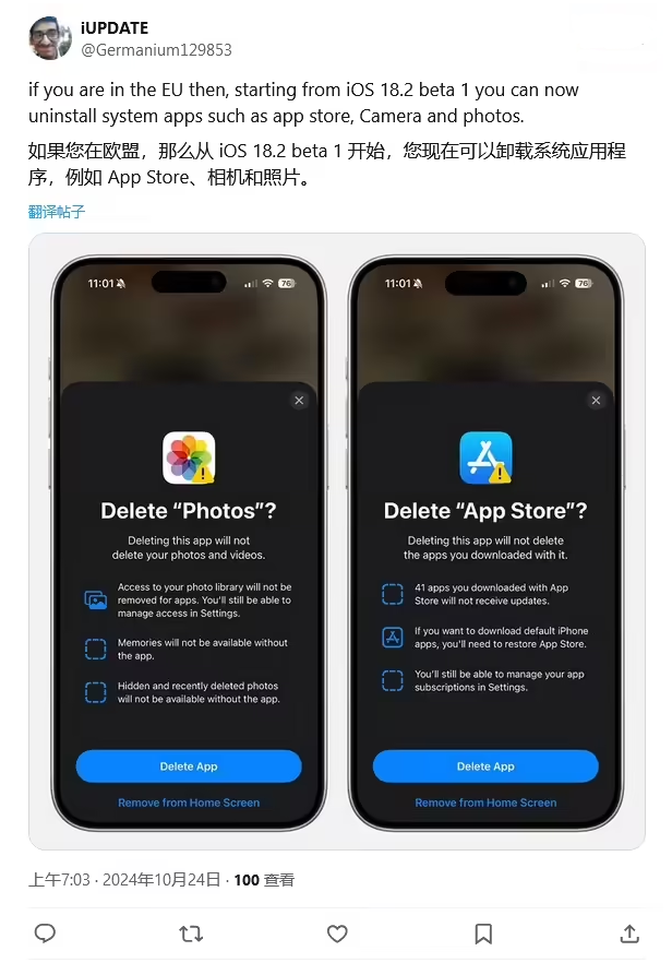 班戈苹果手机维修分享iOS 18.2 支持删除 App Store 应用商店 