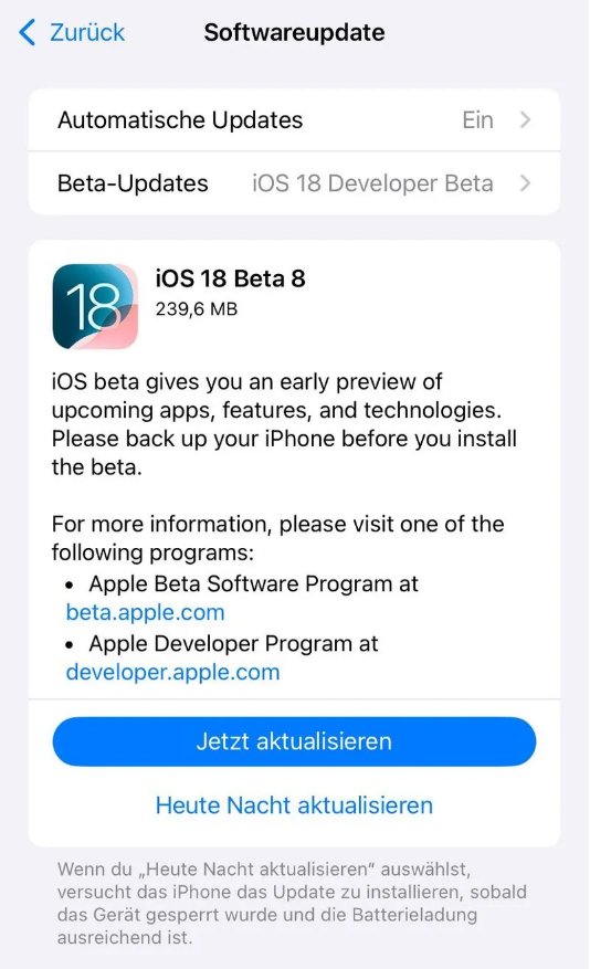 班戈苹果手机维修分享苹果 iOS / iPadOS 18 开发者预览版 Beta 8 发布 